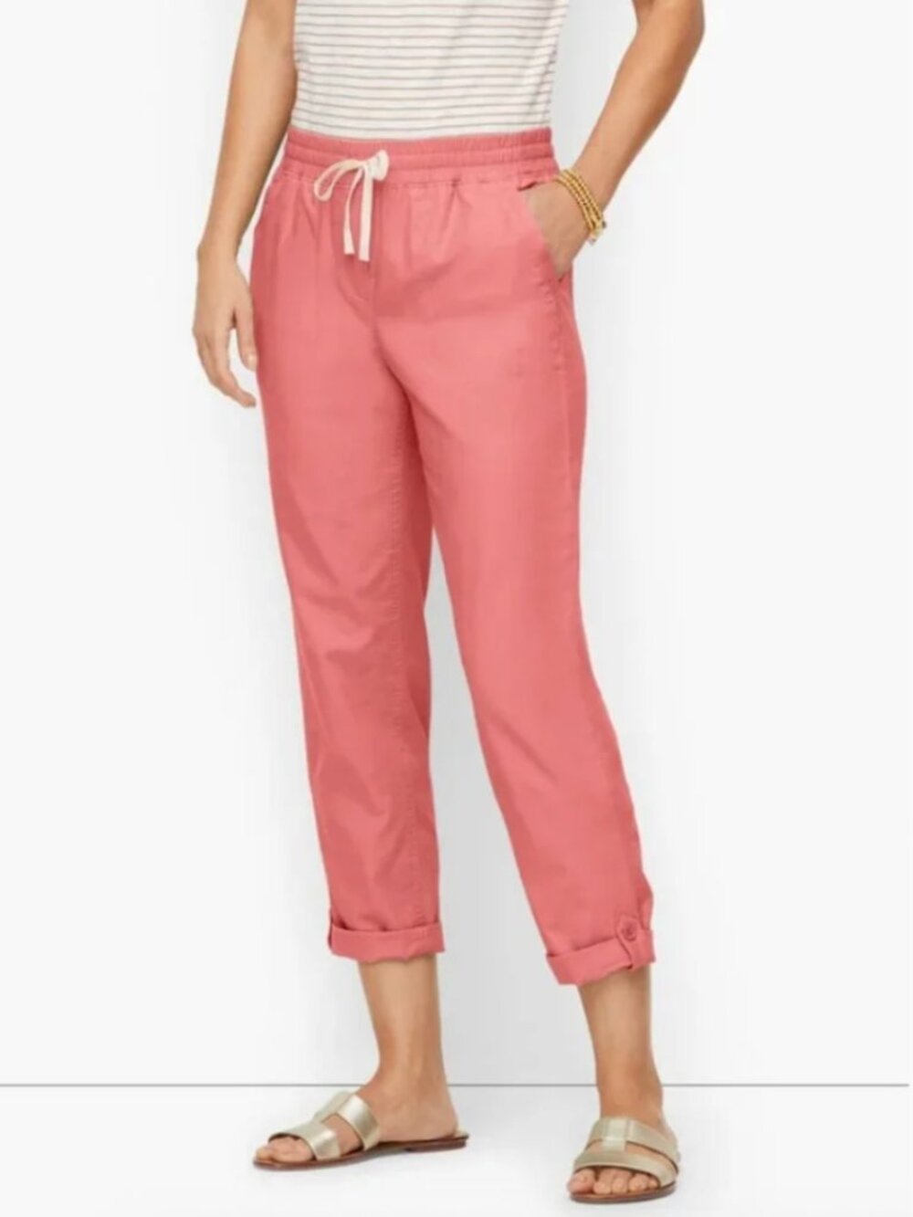 Talbots Pink Easy Slim Leg Drawsting Pants with Rolled Button Hem